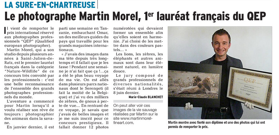 Article de presse dans le Dauphiné Libéré sur le titre de Qualified European Photographer de Martin Morel